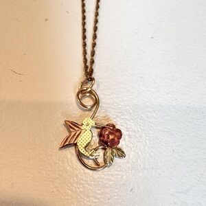 Black Hills Vintage 10K Tri Color Gold Hummingbird Pendant On 14K Gold Chain